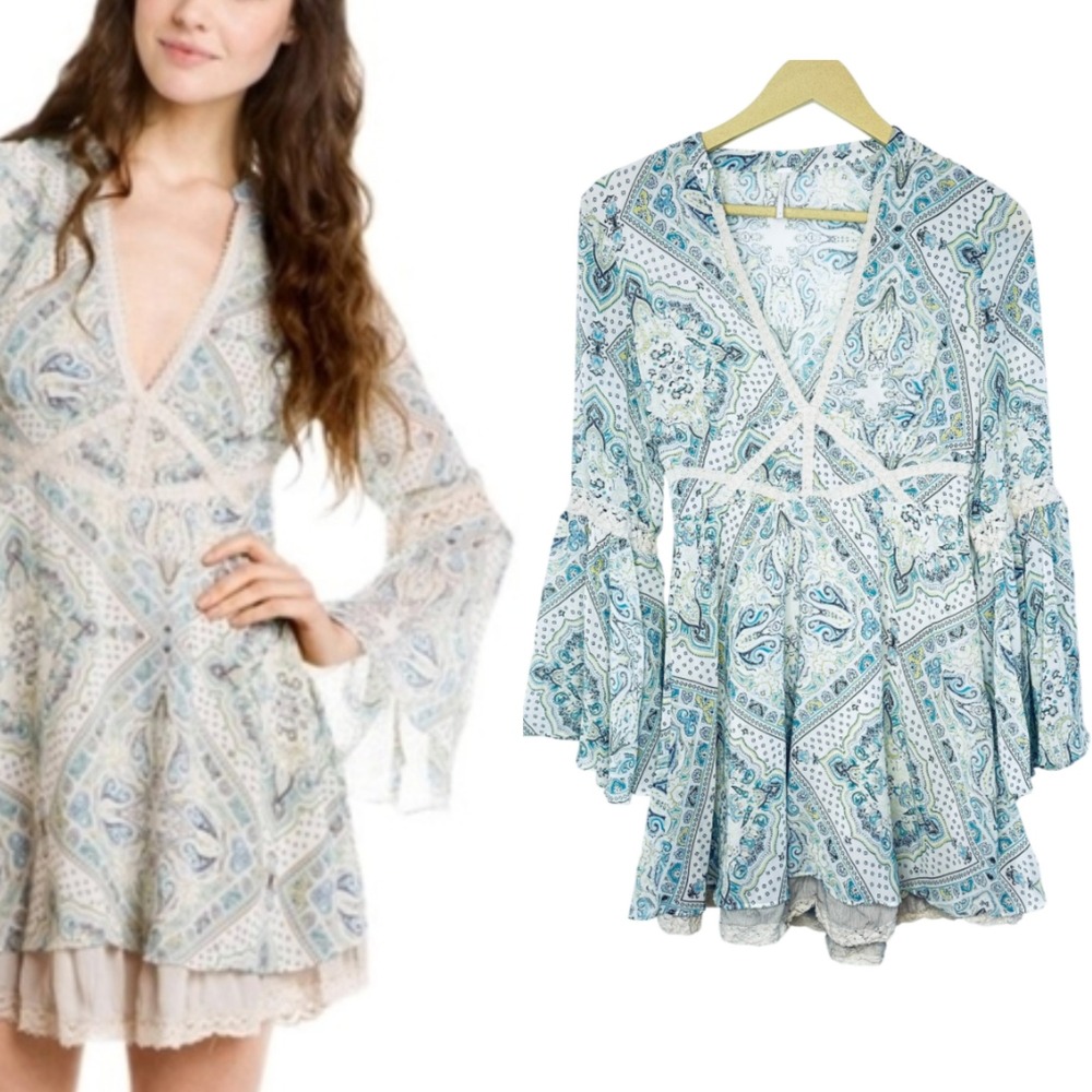 Free People Moonlight Bay Dress Womens 4 Blue Green Paisley Boho Bell Sleeve Exc